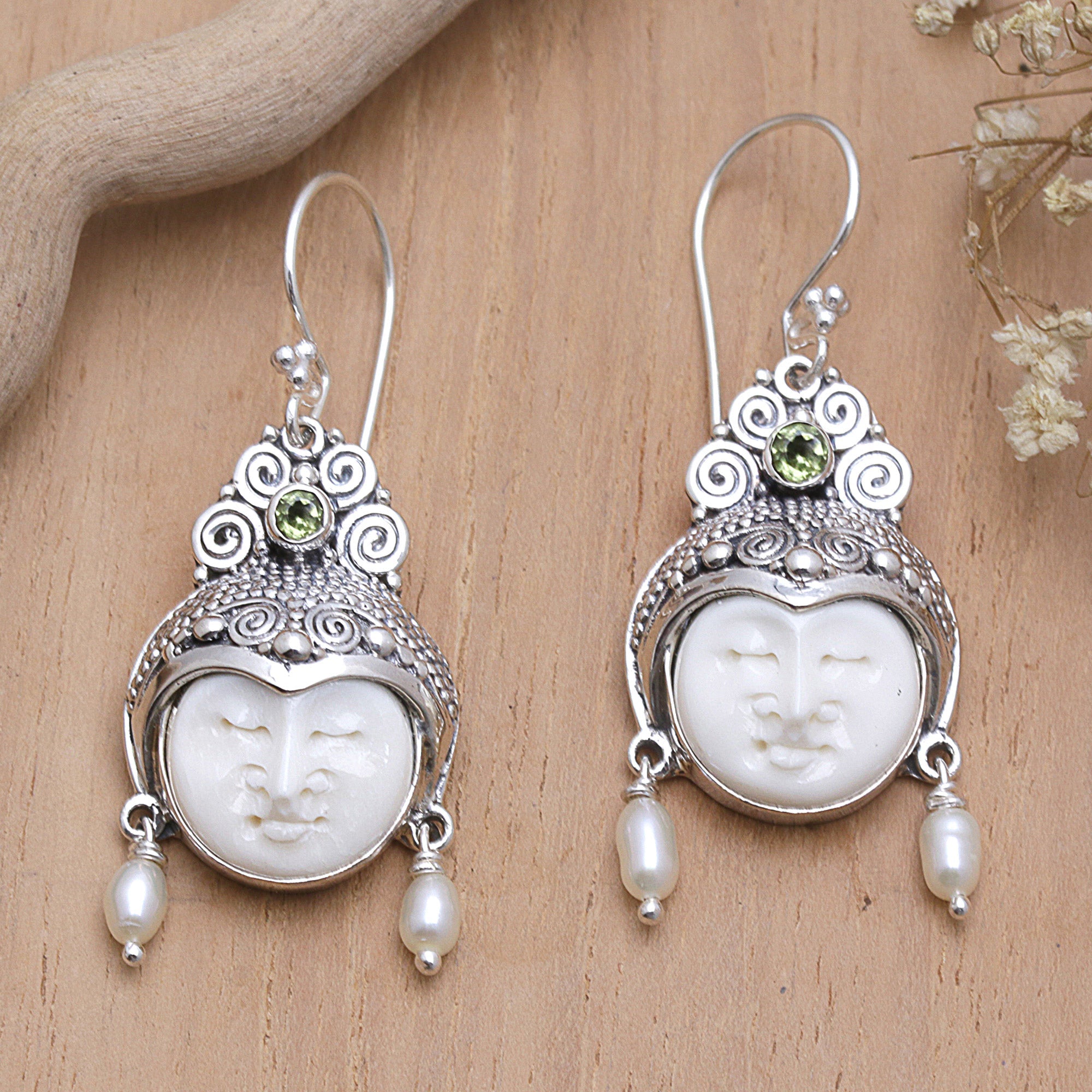 Pearl and Peridot Carved Bone Earrings - Day Dreamers