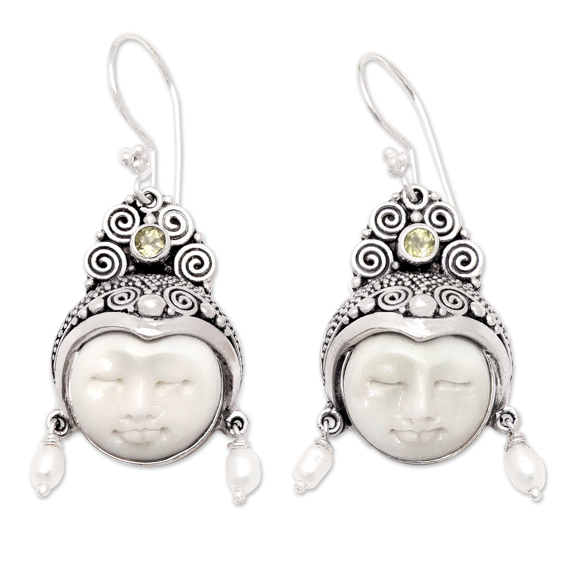 Pearl and Peridot Carved Bone Earrings - Day Dreamers
