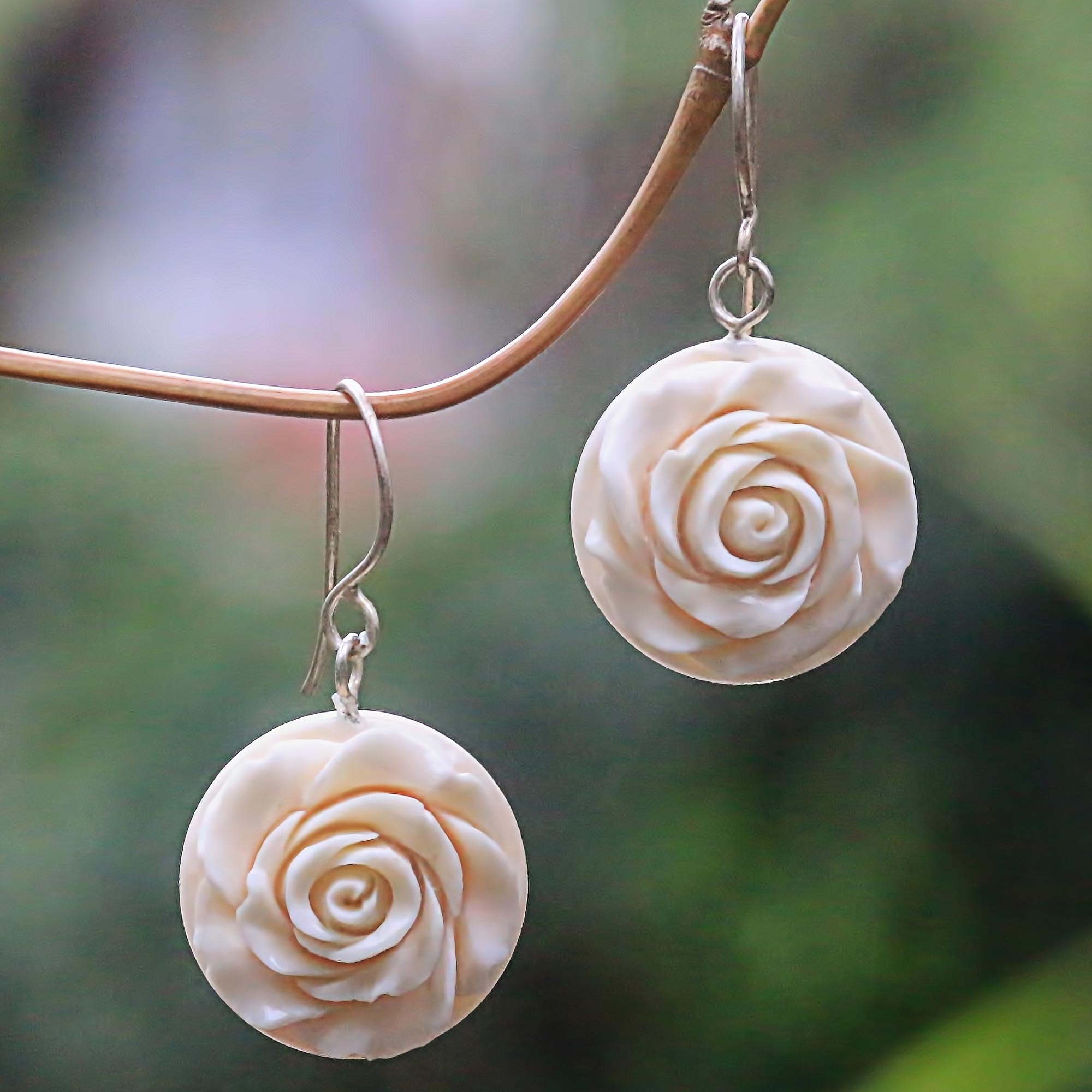 White Rose Dangle Earrings Hand Carved of Bone - Glorious Rose