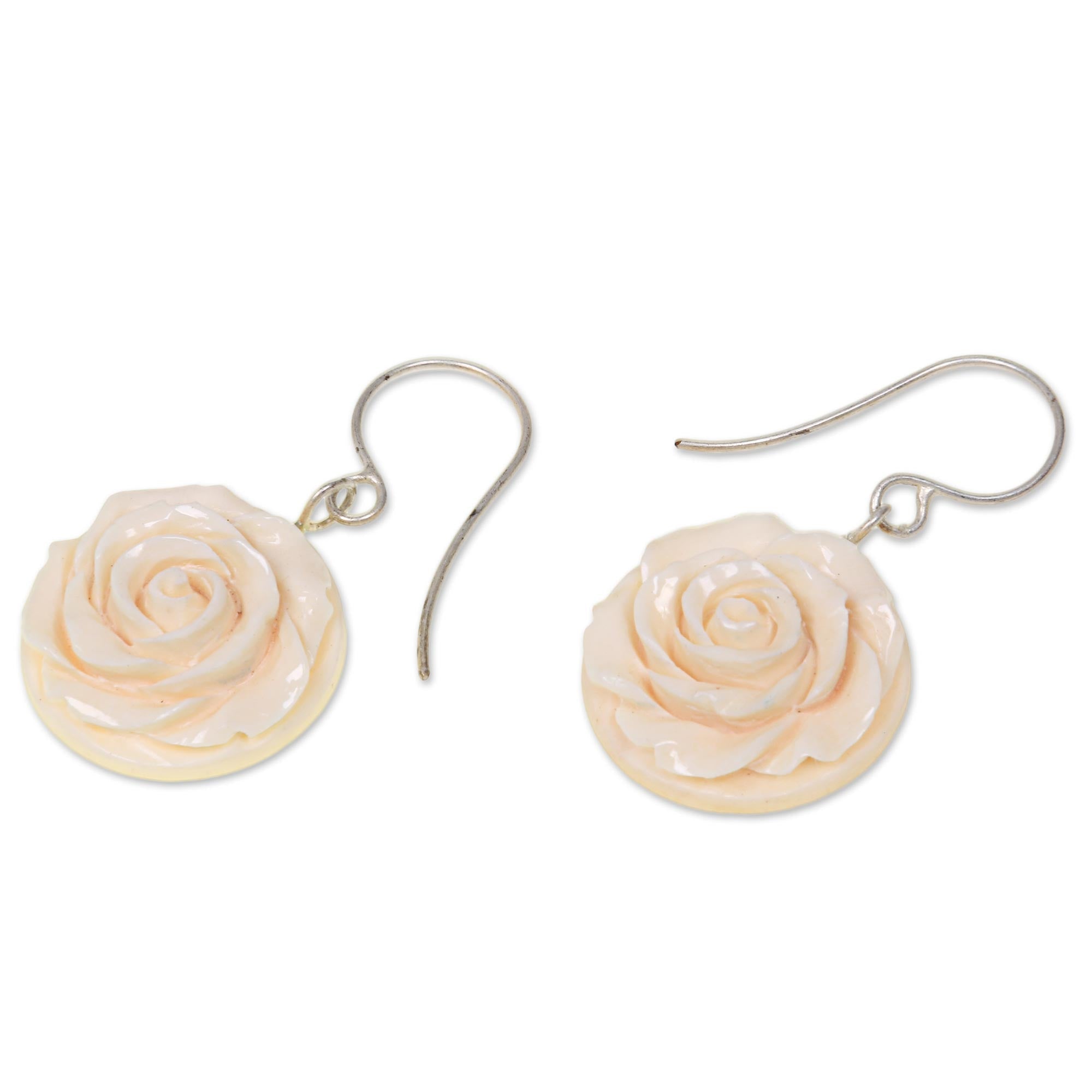 White Rose Dangle Earrings Hand Carved of Bone - Glorious Rose