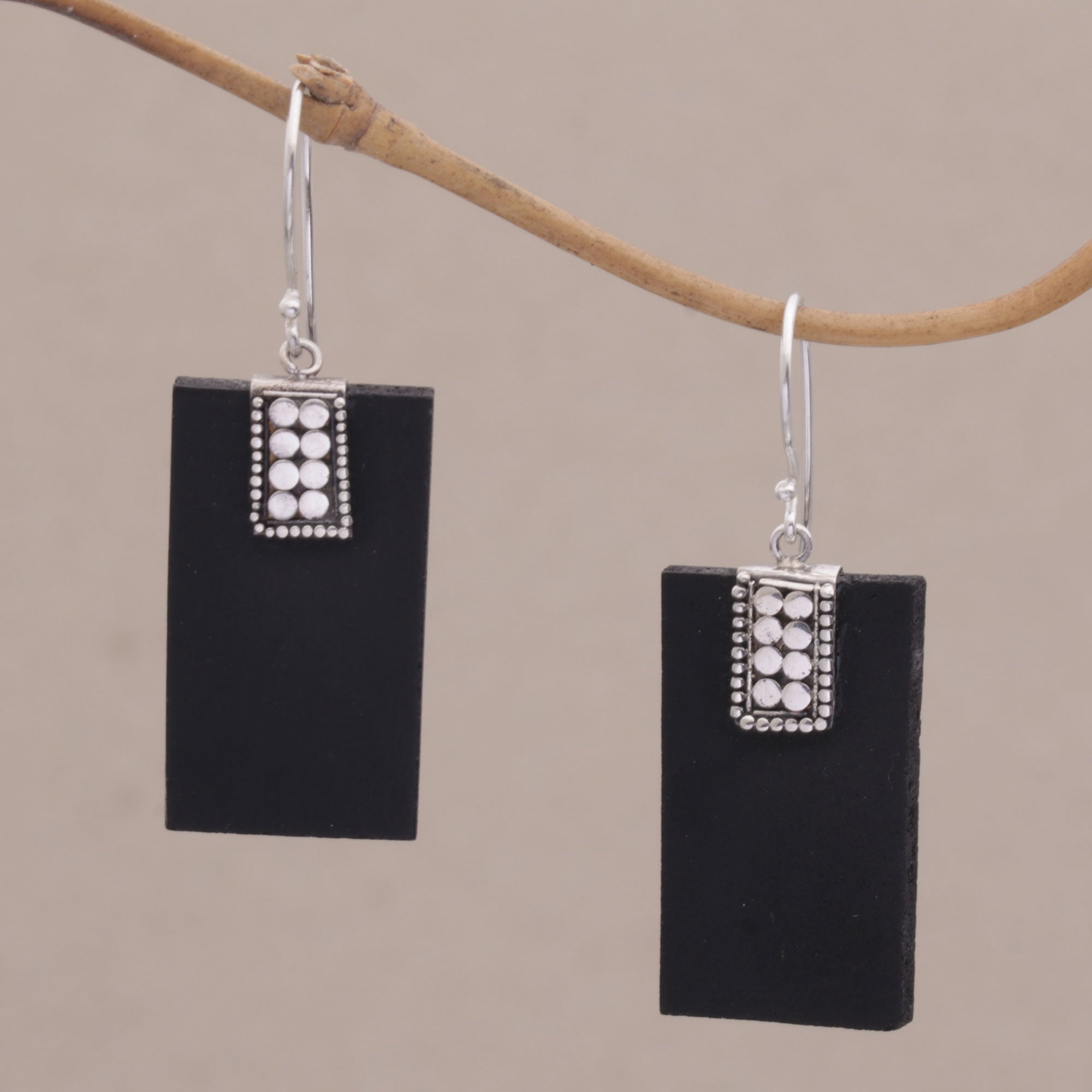 Indonesian Lava Stone and Sterling Silver Handmade Earrings - Sukawati Dominoes
