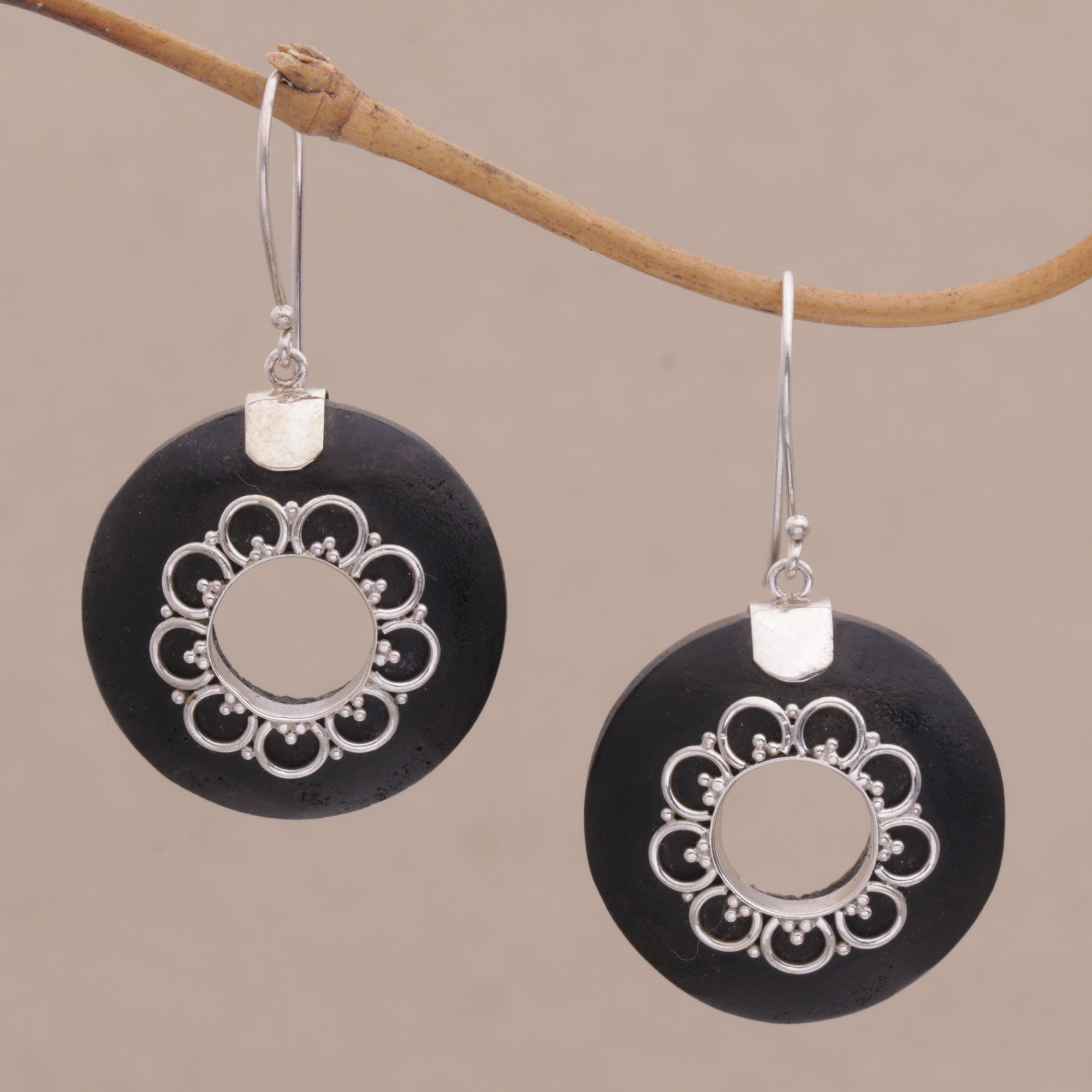 Circular Lava Stone and Sterling Silver Earrings from Bali - Wangi Rings