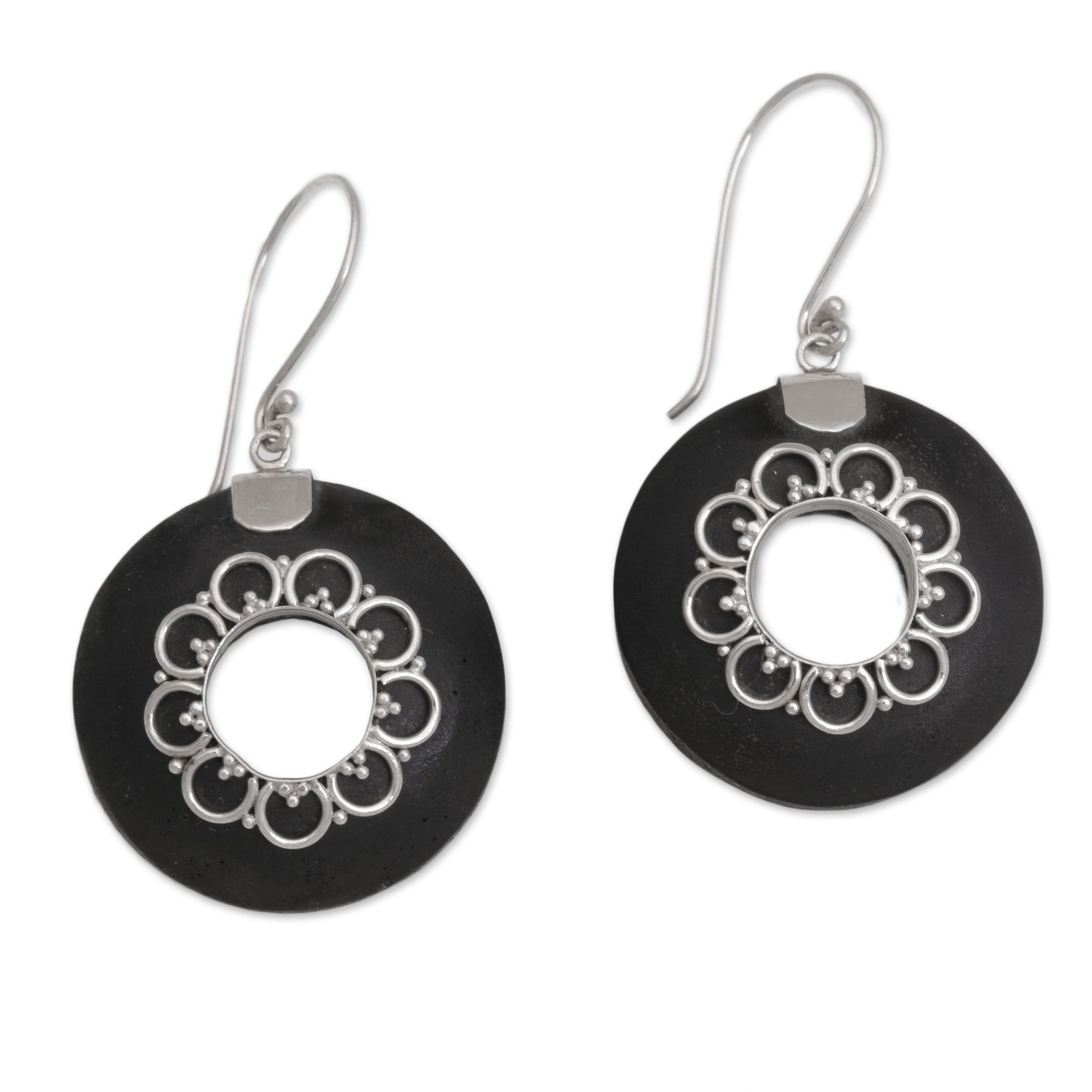 Circular Lava Stone and Sterling Silver Earrings from Bali - Wangi Rings