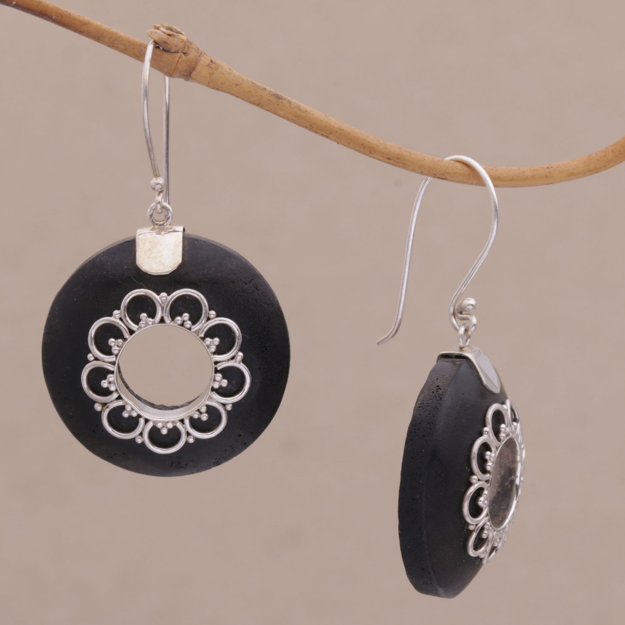 Circular Lava Stone and Sterling Silver Earrings from Bali - Wangi Rings
