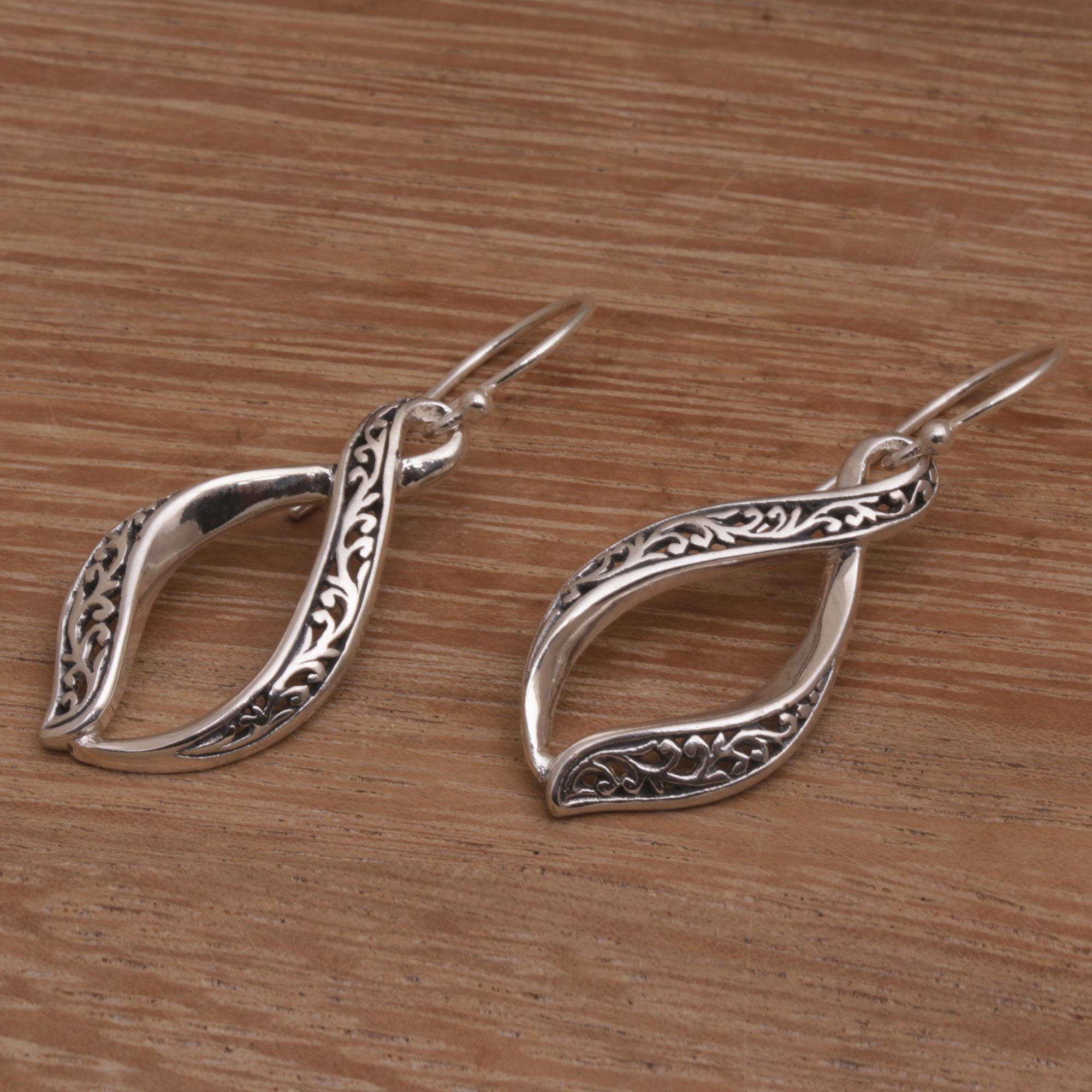 Hand Crafted Sterling Silver Scroll Work Dangle Earrings - Wind Dance