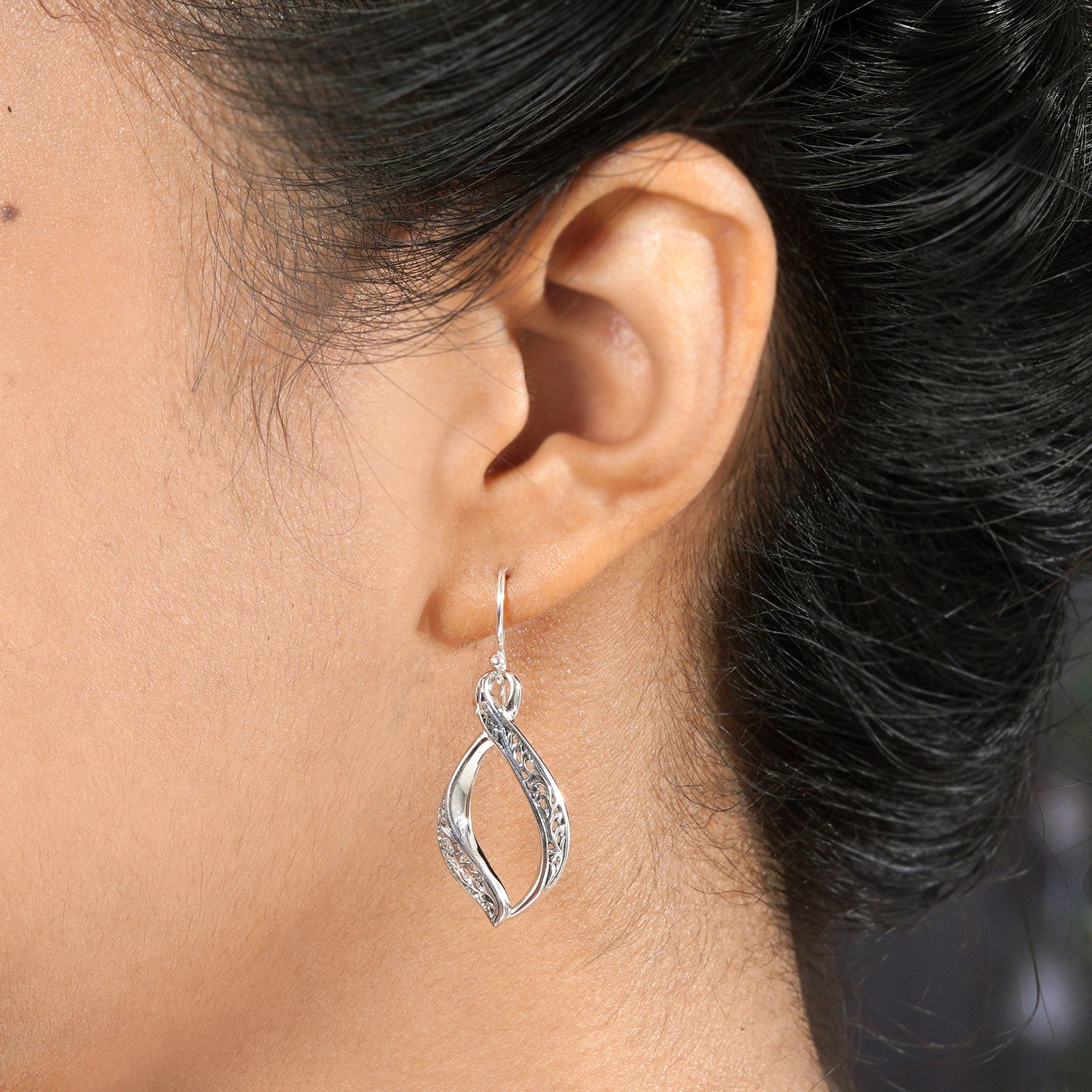 Hand Crafted Sterling Silver Scroll Work Dangle Earrings - Wind Dance