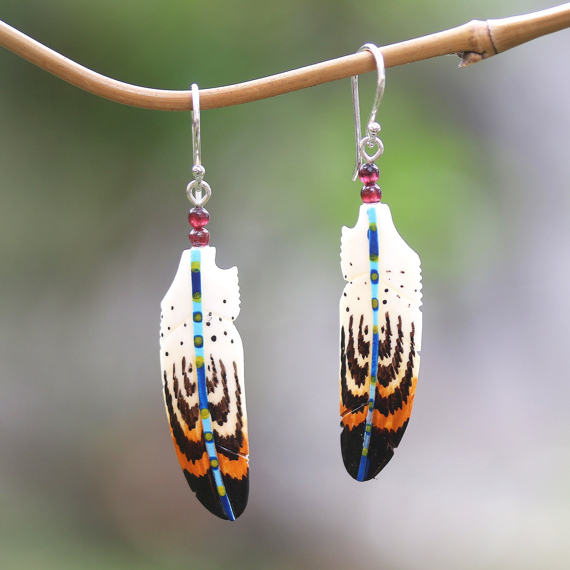 Hand-Painted Garnet Accent Feather Dangle Earrings - Antique Feathers