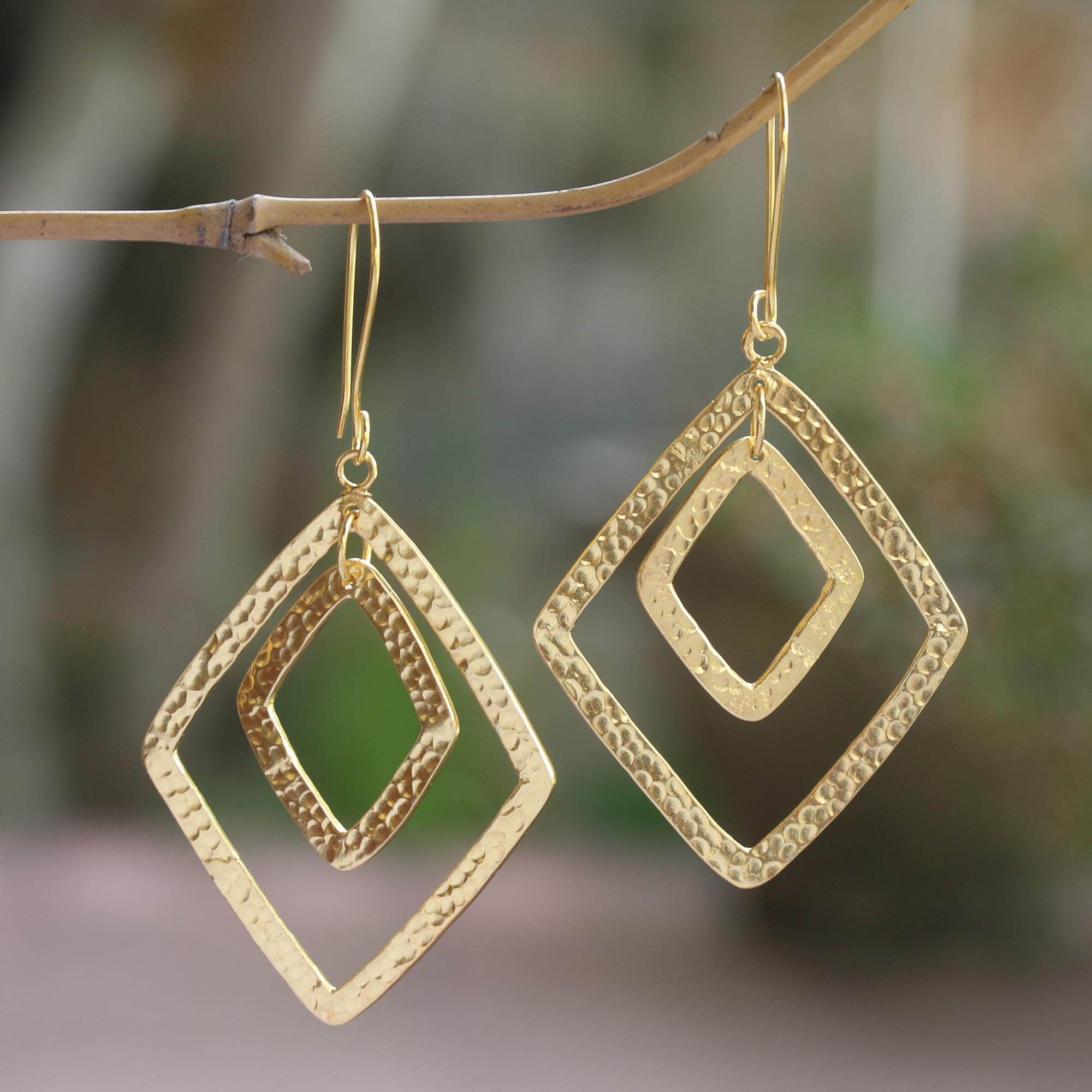 Gold-Plated Dangle Earrings with Hammered Finish - Party Guest