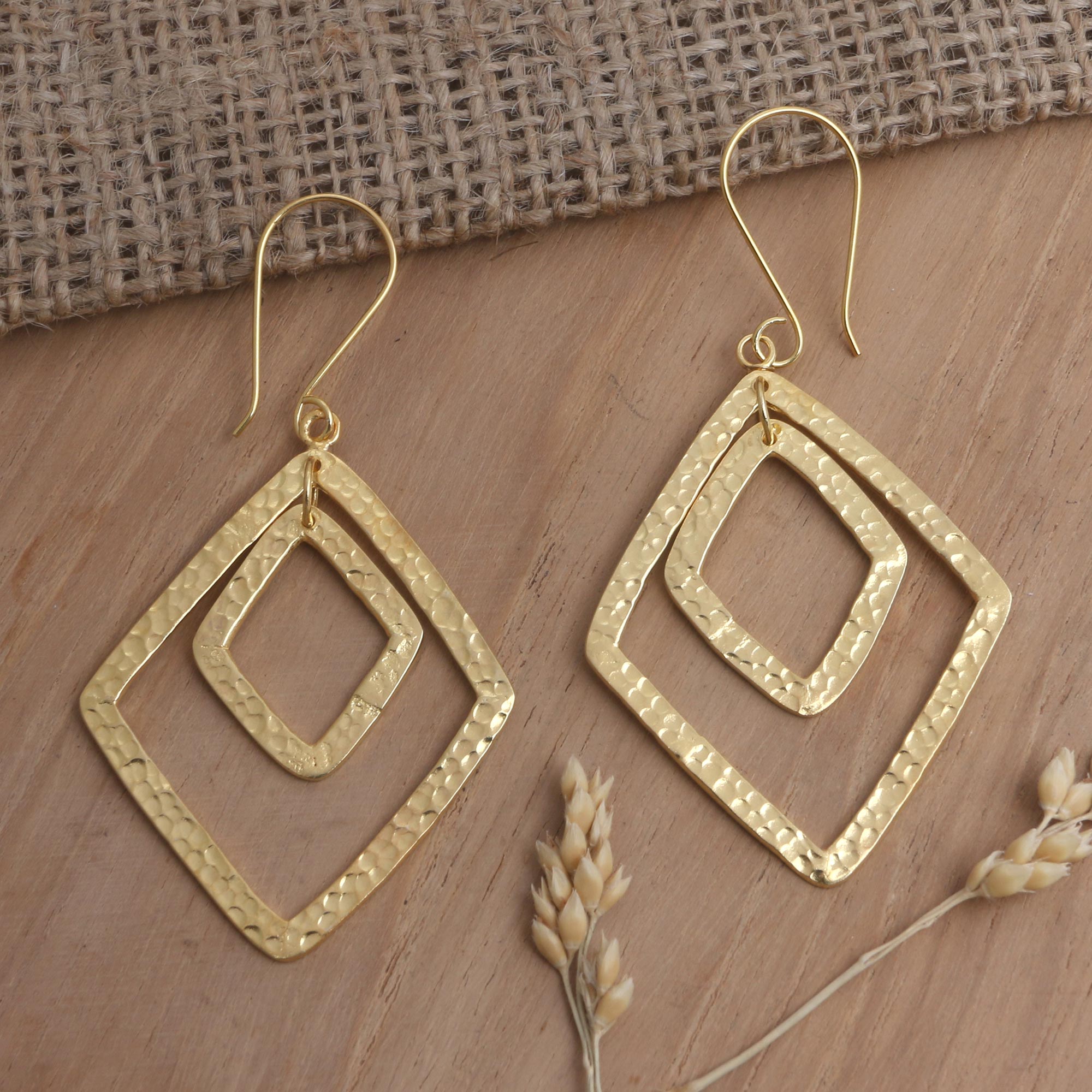 Gold-Plated Dangle Earrings with Hammered Finish - Party Guest