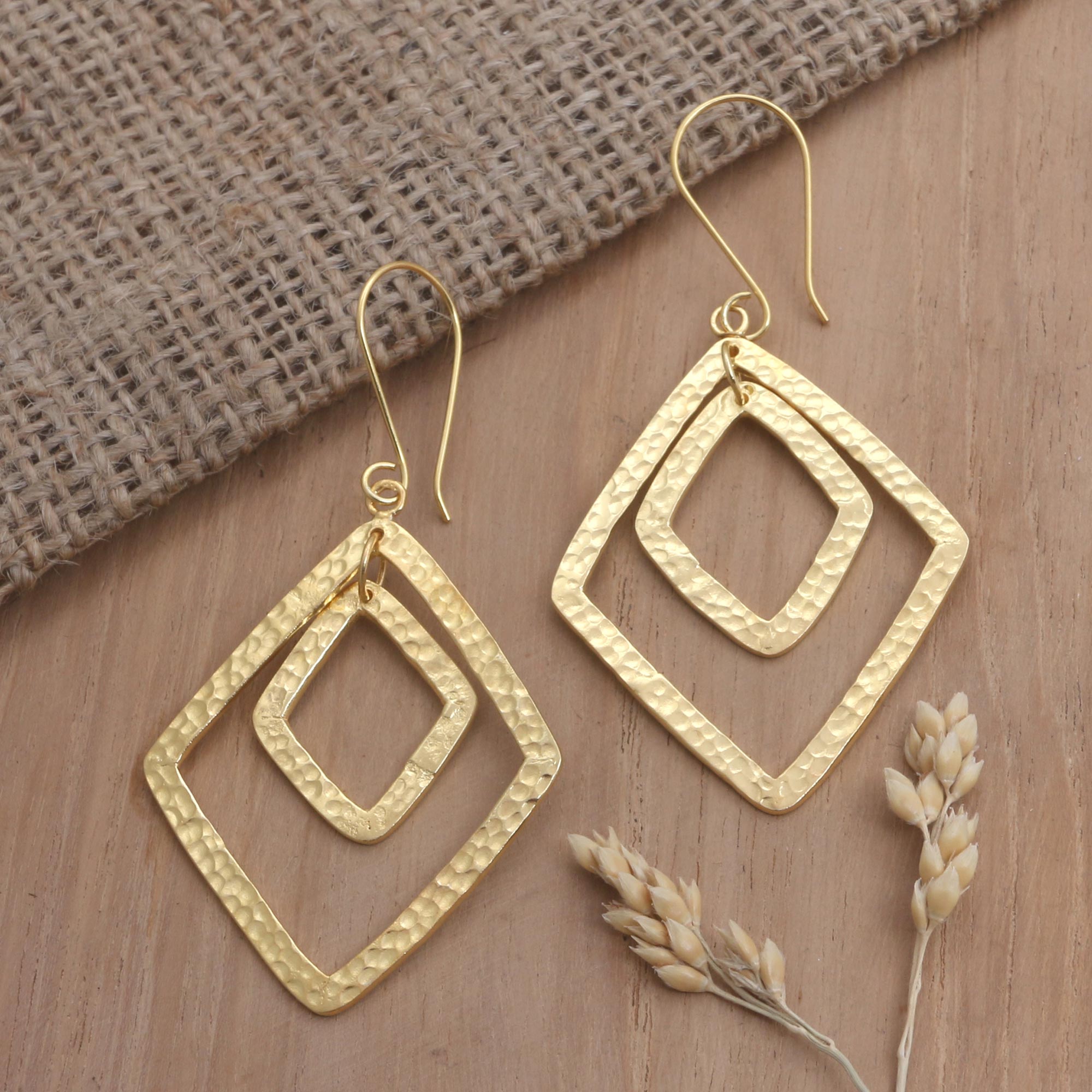 Gold-Plated Dangle Earrings with Hammered Finish - Party Guest