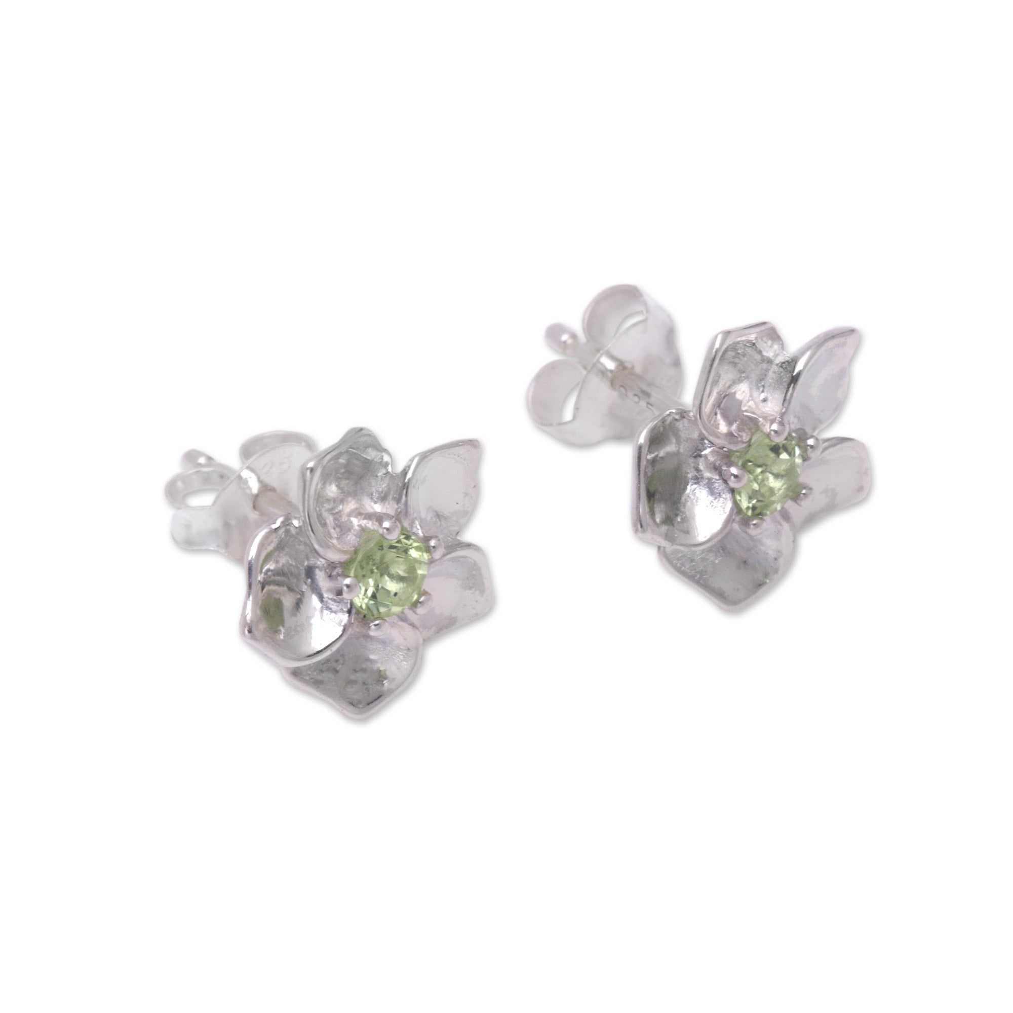 Sterling Silver Stud Earrings with Natural Faceted Peridot - Prosperity Blooms
