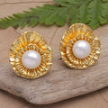 22k Gold-Plated Button Earrings with Cultured Pearls - Pearly Lotus